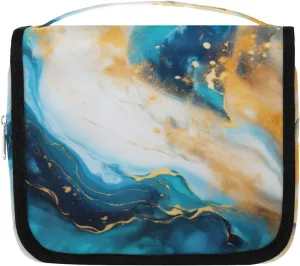 Hanging Toiletry Bag for Women & Men Small Travel Makeup Skincare Necessaire Organizer Kit Cosmetic Bags Waterproof Shower Pouch Expandable Compartments Gold Blue Marble Background