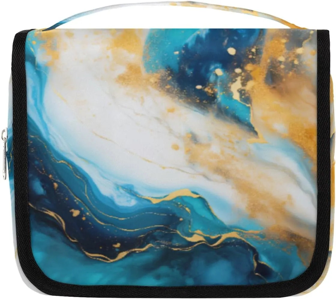Hanging Toiletry Bag for Women & Men Small Travel Makeup Skincare Necessaire Organizer Kit Cosmetic Bags Waterproof Shower Pouch Expandable Compartments Gold Blue Marble Background