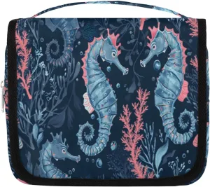 Hanging Toiletry Bag for Women & Men Small Travel Makeup Skincare Necessaire Organizer Kit Cosmetic Bags Waterproof Shower Pouch Expandable Compartments Hippocampus Retro Ocean Pattern