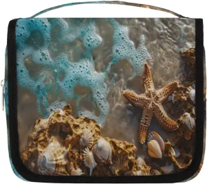 Hanging Toiletry Bag for Women & Men Small Travel Makeup Skincare Necessaire Organizer Kit Cosmetic Bags Waterproof Shower Pouch Expandable Compartments Ocean Starfish Shells