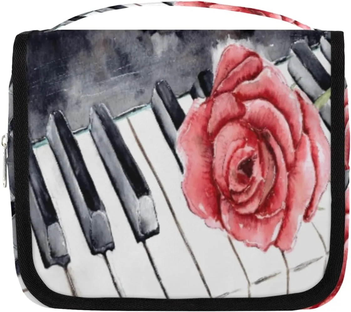 Hanging Toiletry Bag for Women & Men Small Travel Makeup Skincare Necessaire Organizer Kit Cosmetic Bags Waterproof Shower Pouch Expandable Compartments Piano Rose Watercolor