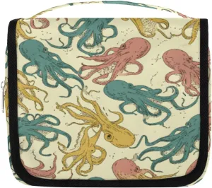 Hanging Toiletry Bag for Women & Men Small Travel Makeup Skincare Necessaire Organizer Kit Cosmetic Bags Waterproof Shower Pouch Expandable Compartments Retro Octopus Print