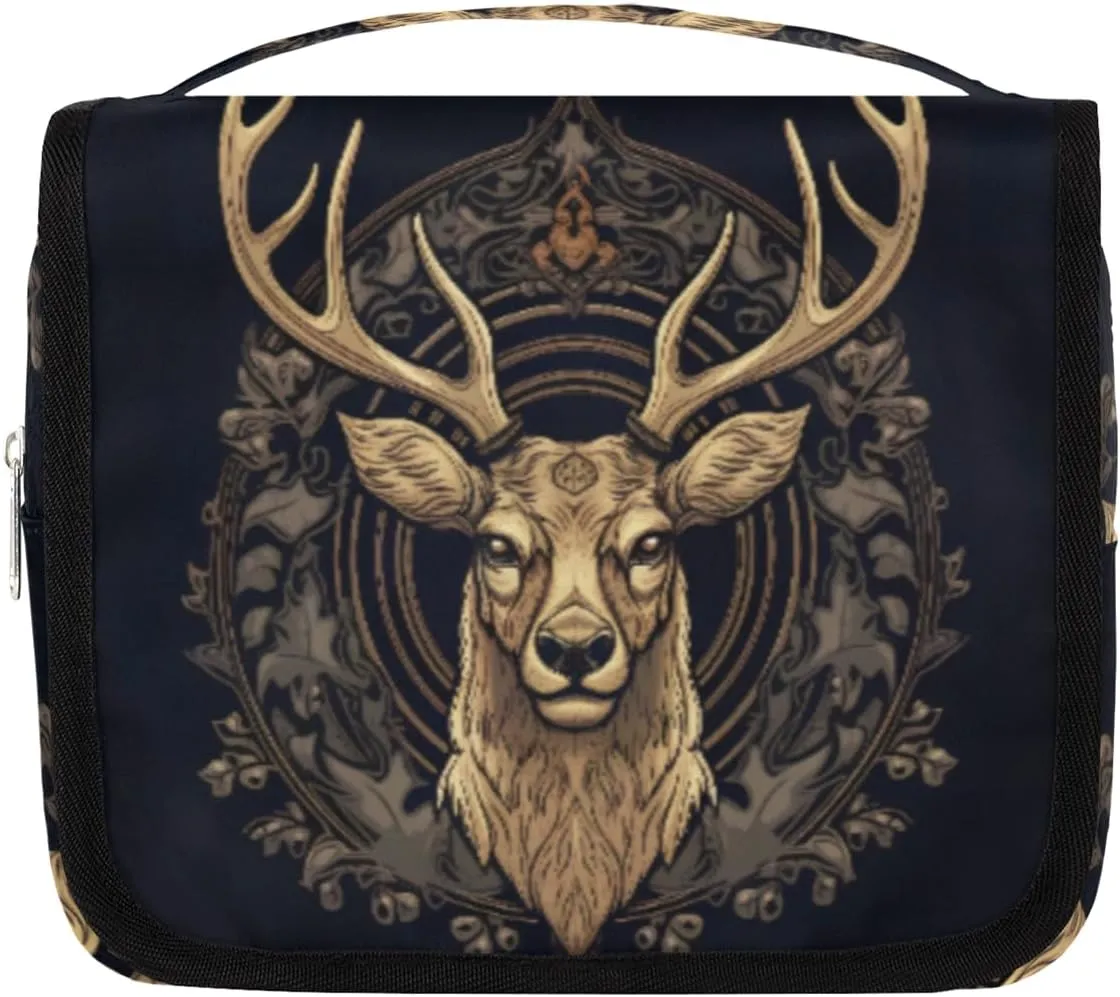 Hanging Toiletry Bag for Women & Men Small Travel Makeup Skincare Necessaire Organizer Kit Cosmetic Bags Waterproof Shower Pouch Expandable Compartments Retro Tribe Deer
