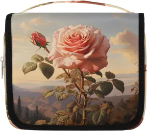 Hanging Toiletry Bag for Women & Men Small Travel Makeup Skincare Necessaire Organizer Kit Cosmetic Bags Waterproof Shower Pouch Expandable Compartments Rose Flower Oil Paint