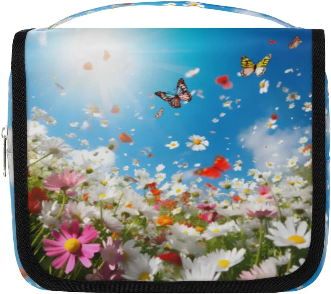 Hanging Toiletry Bag for Women & Men Small Travel Makeup Skincare Necessaire Organizer Kit Cosmetic Bags Waterproof Shower Pouch Expandable Compartments Spring Flowers Butterfly