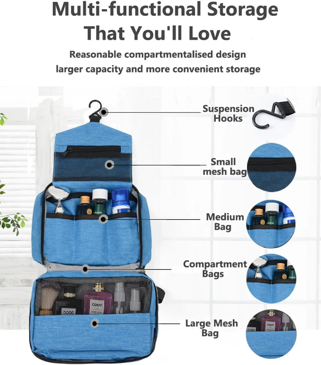 Hanging Toiletry Bag Wash Bag Makeup Cosmetic Organizer for Women or Man,Foldable Compact Size,Super Durable Fabric Hanging Toiletry Bag(Blue)