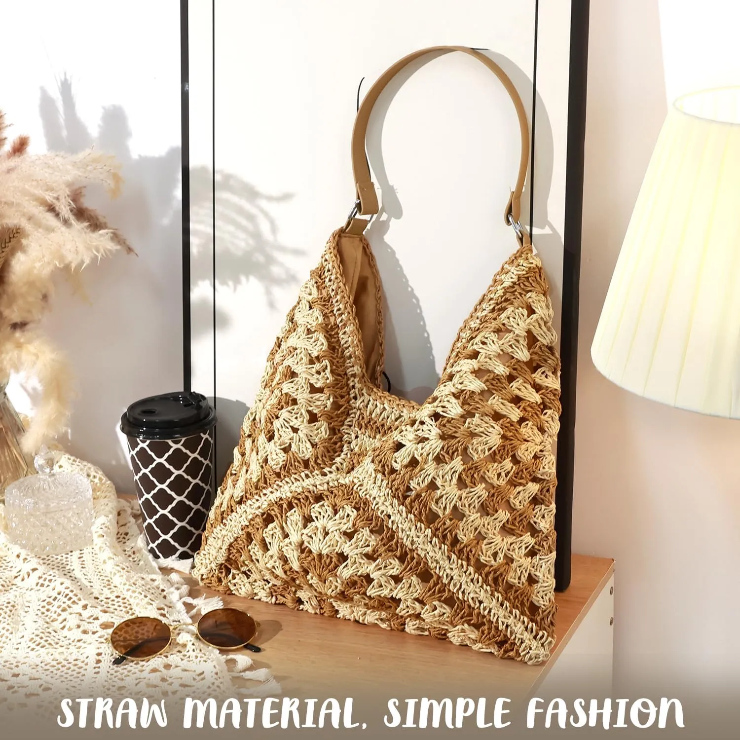 hatisan Straw Beach Bag for Women Summer Woven Beach Tote Bag Shoulder Handbags Boho Bag