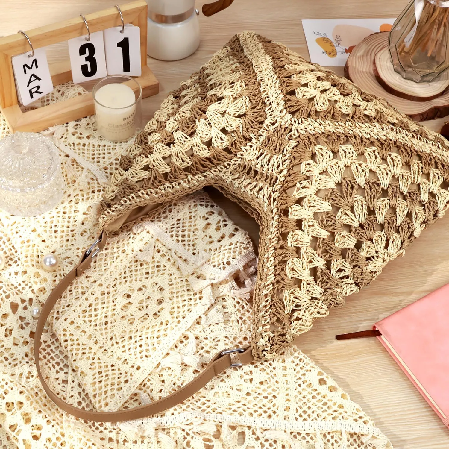 hatisan Straw Beach Bag for Women Summer Woven Beach Tote Bag Shoulder Handbags Boho Bag