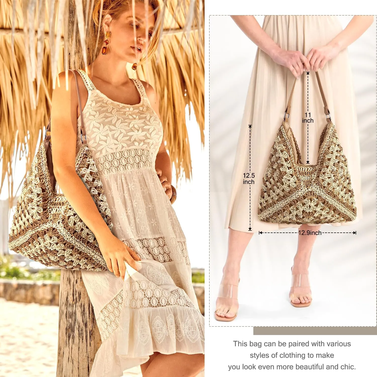 hatisan Straw Beach Bag for Women Summer Woven Beach Tote Bag Shoulder Handbags Boho Bag