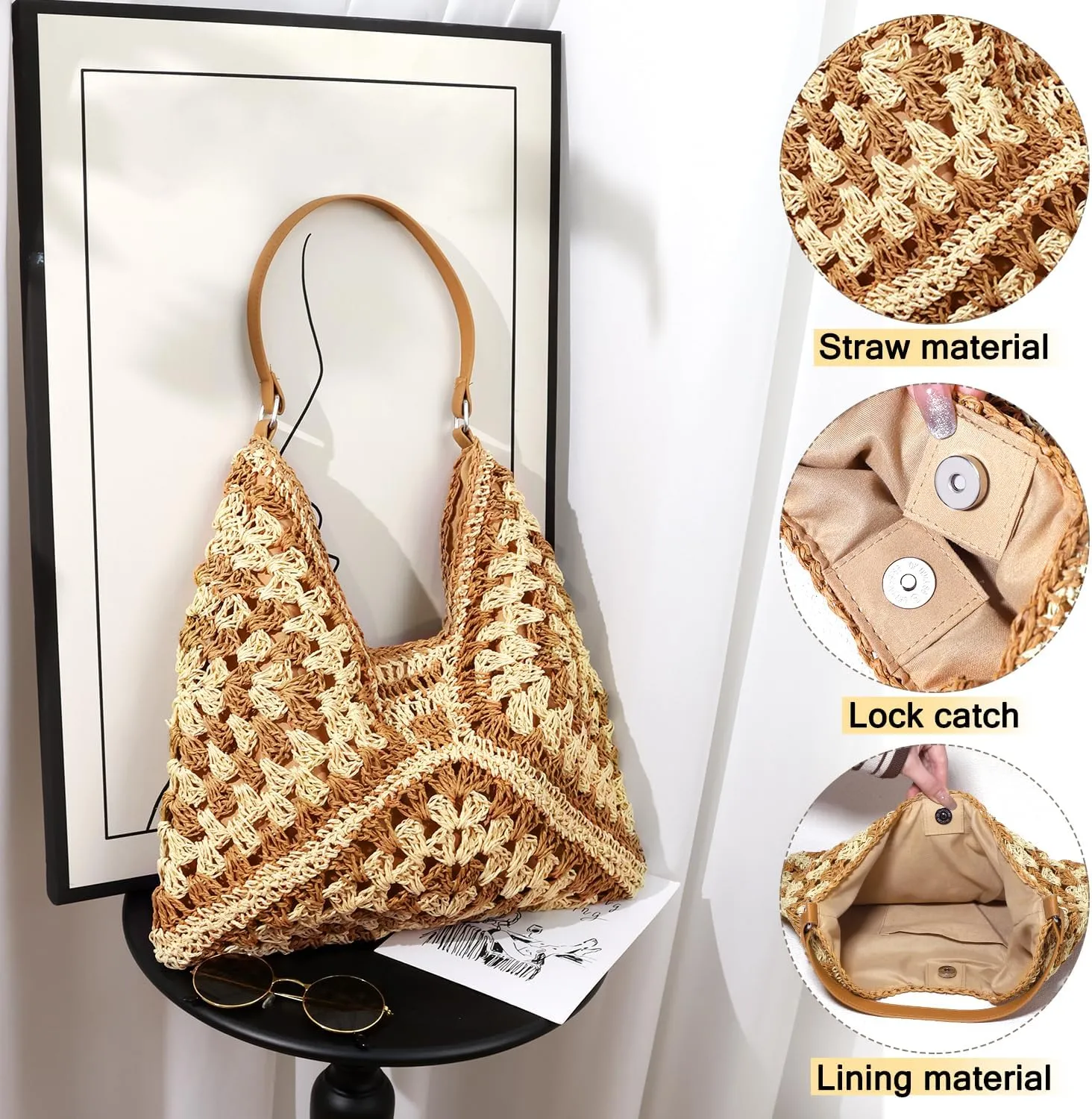 hatisan Straw Beach Bag for Women Summer Woven Beach Tote Bag Shoulder Handbags Boho Bag