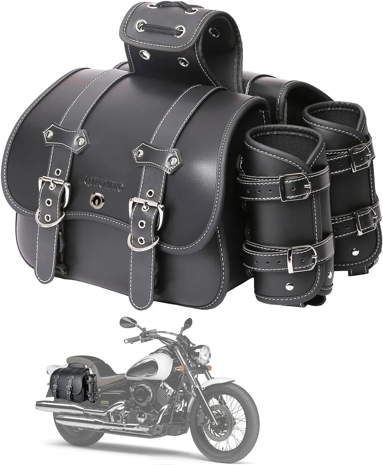 High-density Leather Motorcycle Saddlebags-Throw Over Saddle bags Panniers Side Bags with cup holder,Waterproof,Side Tool Bag,Storage Tool Bag for Motorbike,Universal,1Pair, M (Black22)