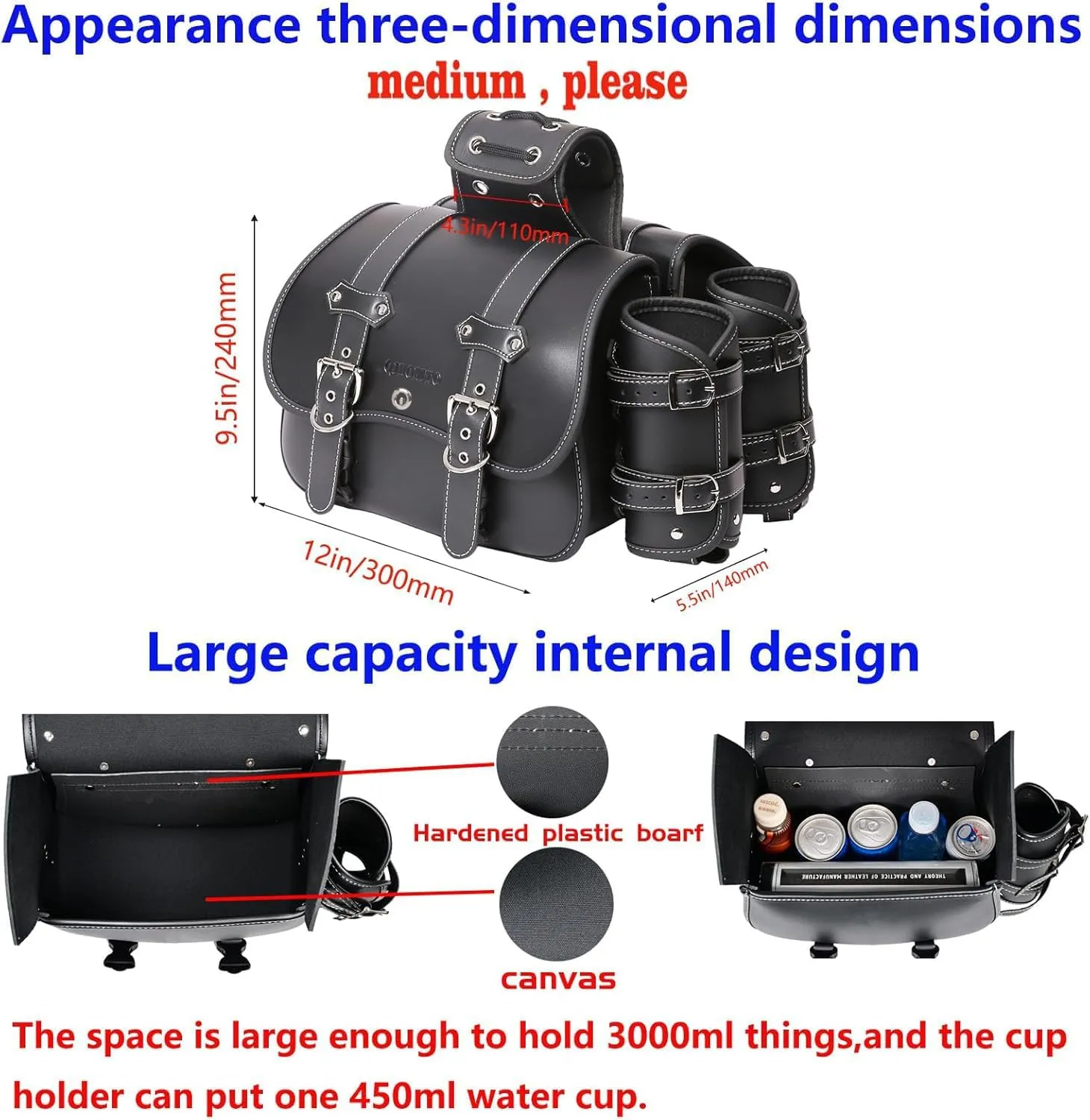 High-density Leather Motorcycle Saddlebags-Throw Over Saddle bags Panniers Side Bags with cup holder,Waterproof,Side Tool Bag,Storage Tool Bag for Motorbike,Universal,1Pair, M (Black22)