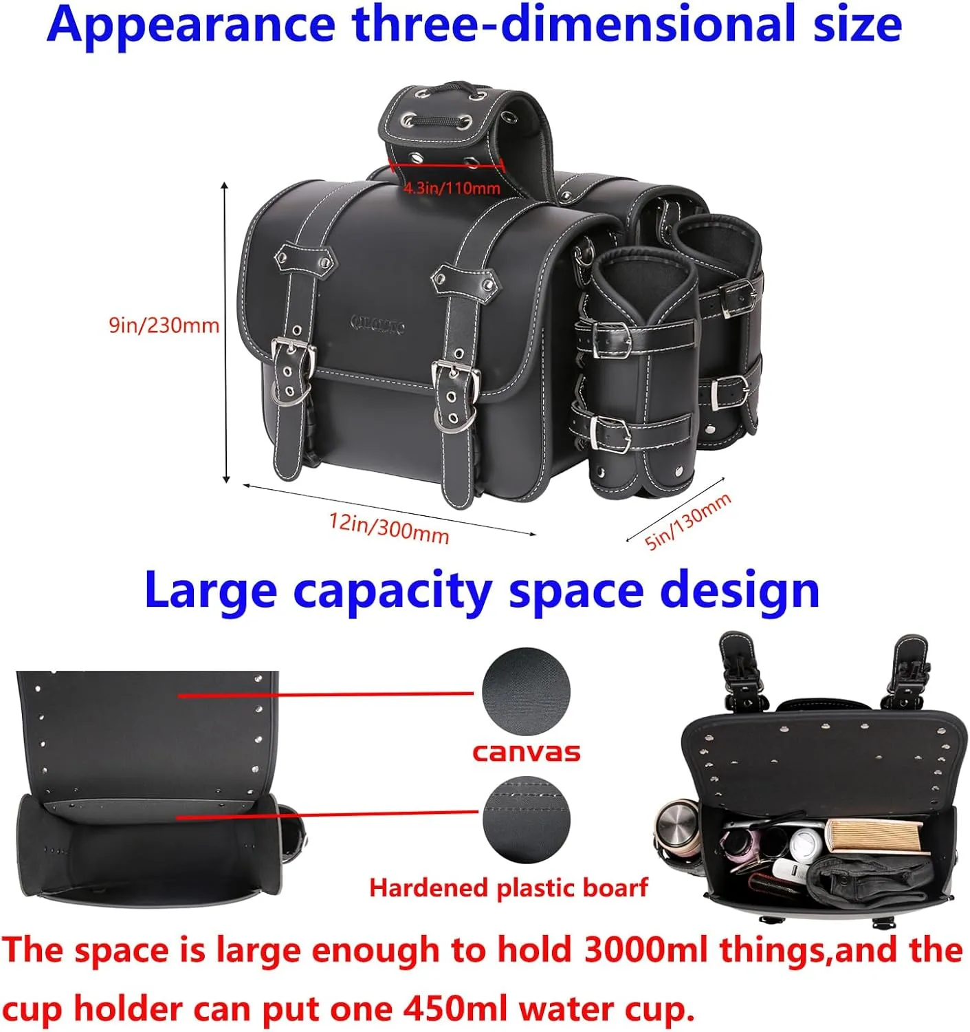 High-density Leather Motorcycle Saddlebags-Throw Over Saddle bags Panniers Side Bags with cup holder,Waterproof,Side Tool Bag,Storage Tool Bag for Motorbike,Universal,1Pair,M(Black3)