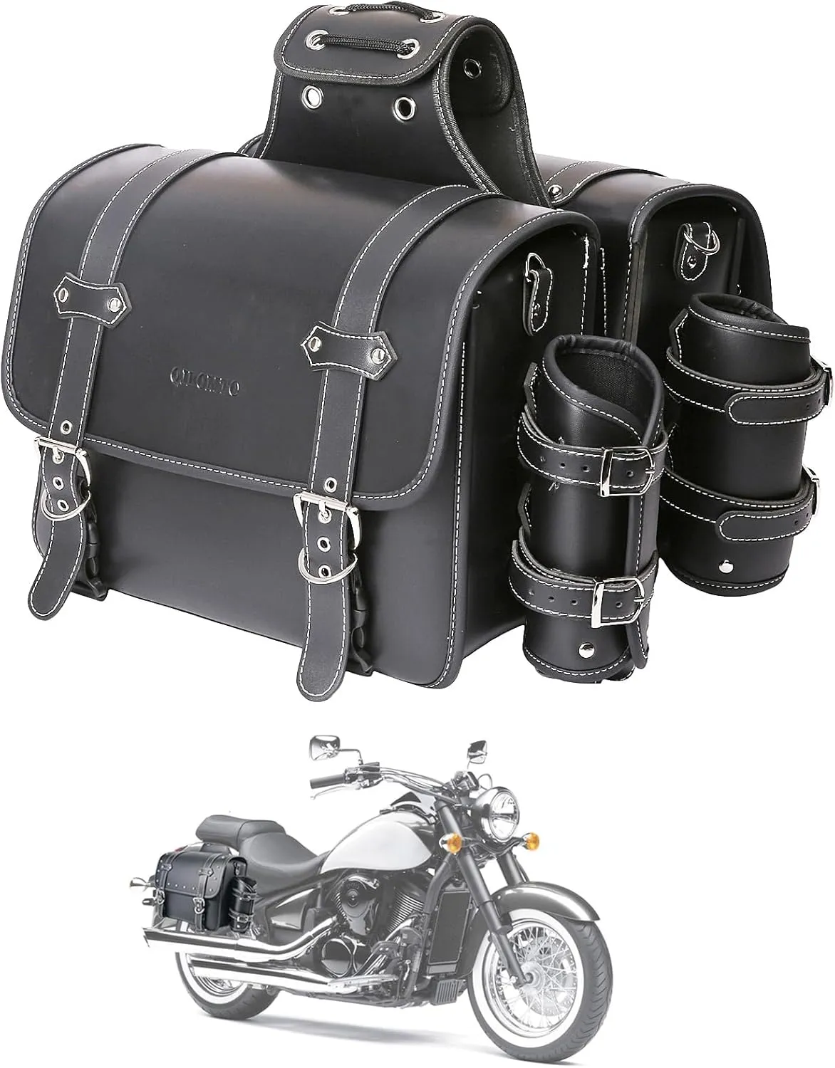 High-density Leather Motorcycle Saddlebags-Throw Over Saddle bags,Panniers Side Bags with cup holder Waterproof, Side Tool Bag, Storage Tool Bag for Motorbike,Universal,1Pair, L (Black5)
