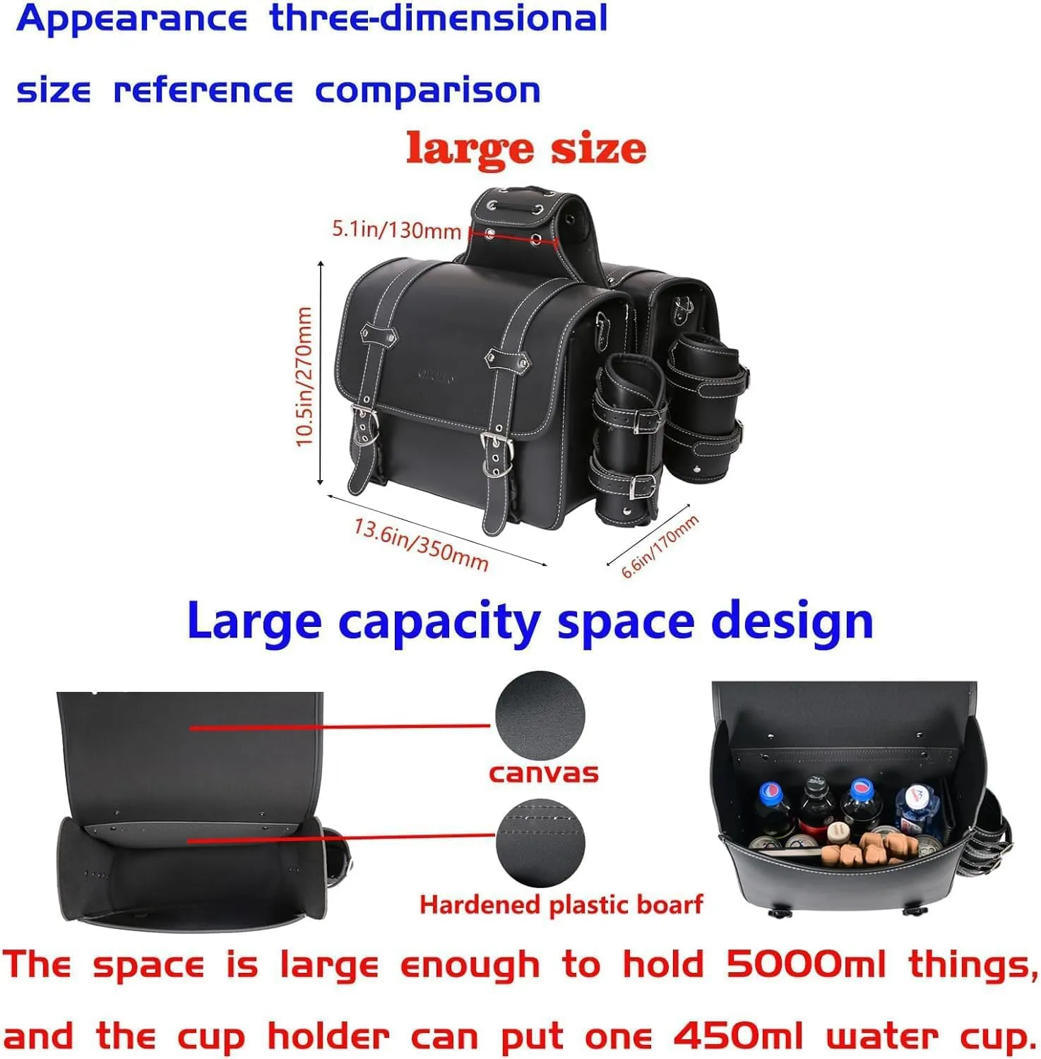 High-density Leather Motorcycle Saddlebags-Throw Over Saddle bags,Panniers Side Bags with cup holder Waterproof, Side Tool Bag, Storage Tool Bag for Motorbike,Universal,1Pair, L (Black5)
