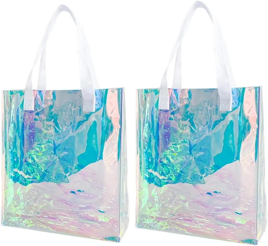 Holographic Clear Tote Bag with Weave Handle Laser Waterproof PVC Beach Tote Gift Shopping Bag for Stadium Travel