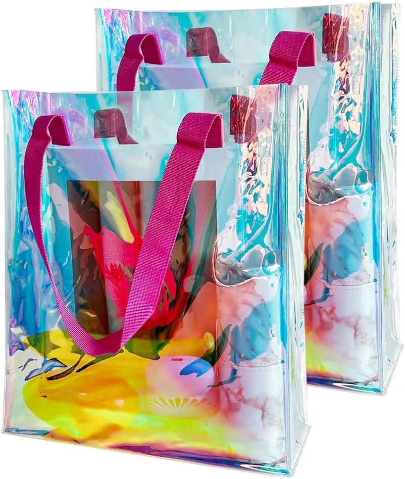 Holographic Clear Tote Bag with Weave Handle Laser Waterproof PVC Beach Tote Gift Shopping Bag for Stadium Travel