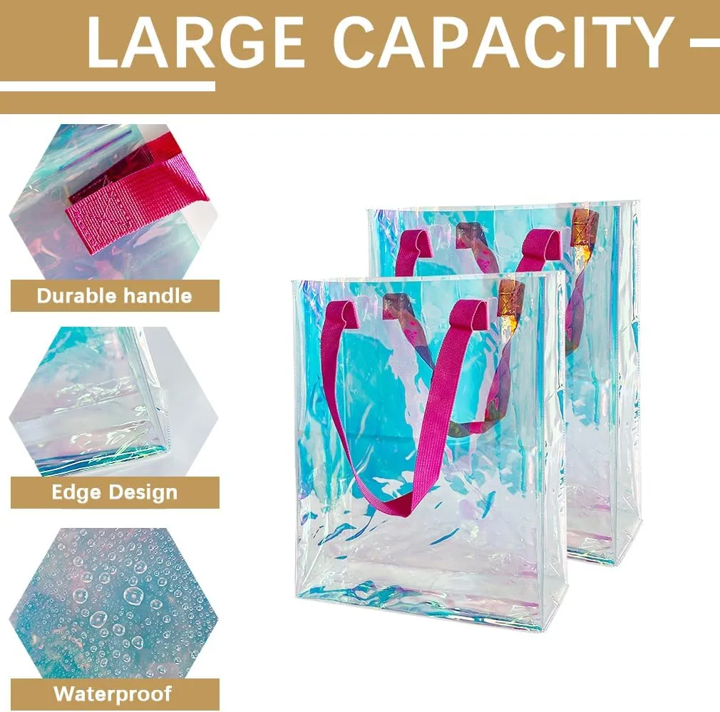 Holographic Clear Tote Bag with Weave Handle Laser Waterproof PVC Beach Tote Gift Shopping Bag for Stadium Travel