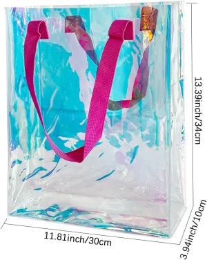 Holographic Clear Tote Bag with Weave Handle Laser Waterproof PVC Beach Tote Gift Shopping Bag for Stadium Travel