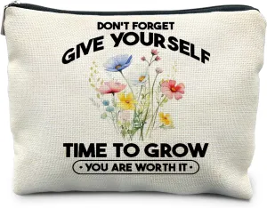 Inspirational Gifts for Women, Motivational Quote Makeup Bag, Give Yourself Time to Grow Cosmetic Bags Toiletry Bag for Women, Mental Health Gifts, Floral Makeup Pouch
