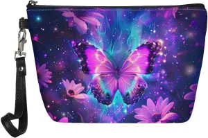 Jeiento Butterfly Galaxy Flower Cosmetic Bag Travel Portable Make-up Case Fashion Toiletry Cosmetic Handy Bag for Women Zipper Closure Travel Pouch Storage Clutch Purse