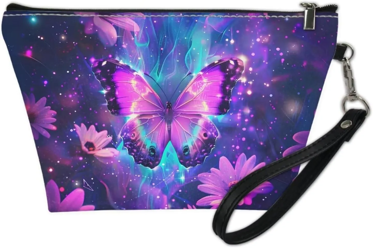 Jeiento Butterfly Galaxy Flower Cosmetic Bag Travel Portable Make-up Case Fashion Toiletry Cosmetic Handy Bag for Women Zipper Closure Travel Pouch Storage Clutch Purse