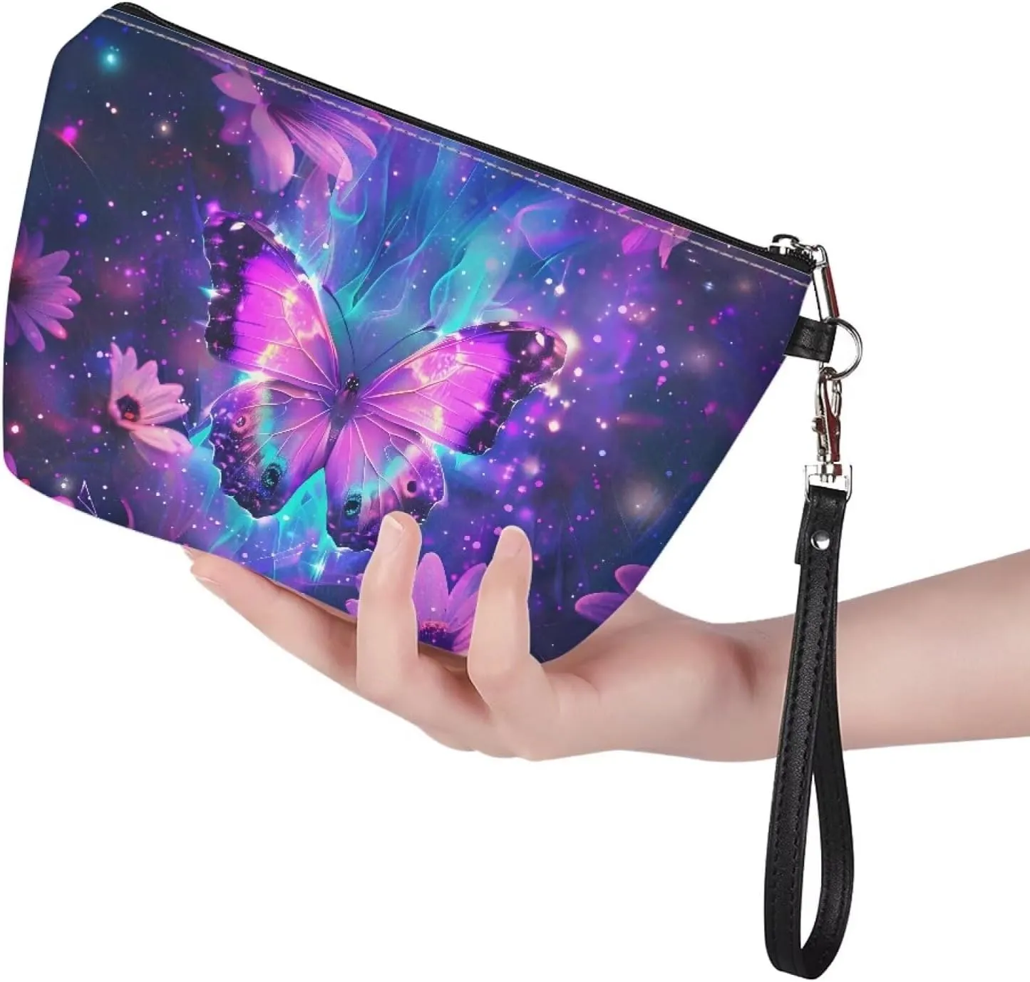 Jeiento Butterfly Galaxy Flower Cosmetic Bag Travel Portable Make-up Case Fashion Toiletry Cosmetic Handy Bag for Women Zipper Closure Travel Pouch Storage Clutch Purse