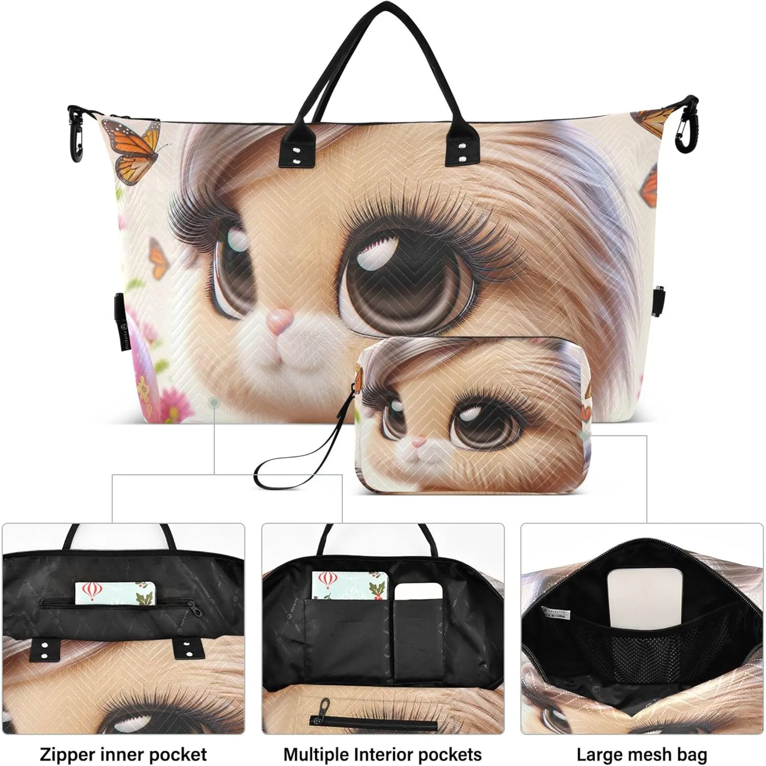 Kawaii Shaggy Rabbit Rabbit Duffel Bag Womens Toiletry Pouches Set of 2, Cute Women Small Duffel Bag Weekender Travel Bag