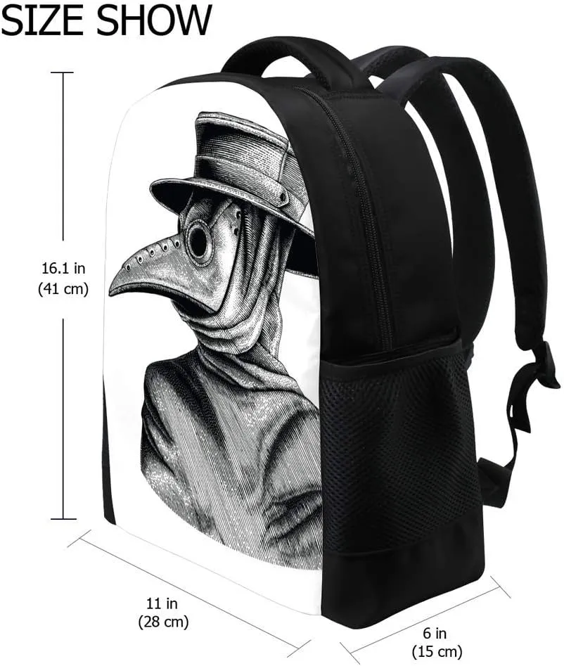 Kuizee Classic Backpack Schoolbag Adjustable Padded Shoulder Straps Daypack Beak Doctor Hand Drawn Vintage Sketch Casual Bags Durable College Daily 16Inch
