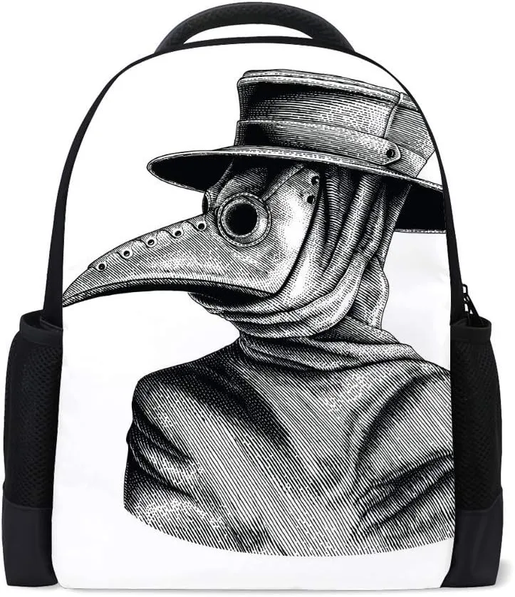 Kuizee Classic Backpack Schoolbag Adjustable Padded Shoulder Straps Daypack Beak Doctor Hand Drawn Vintage Sketch Casual Bags Durable College Daily 16Inch