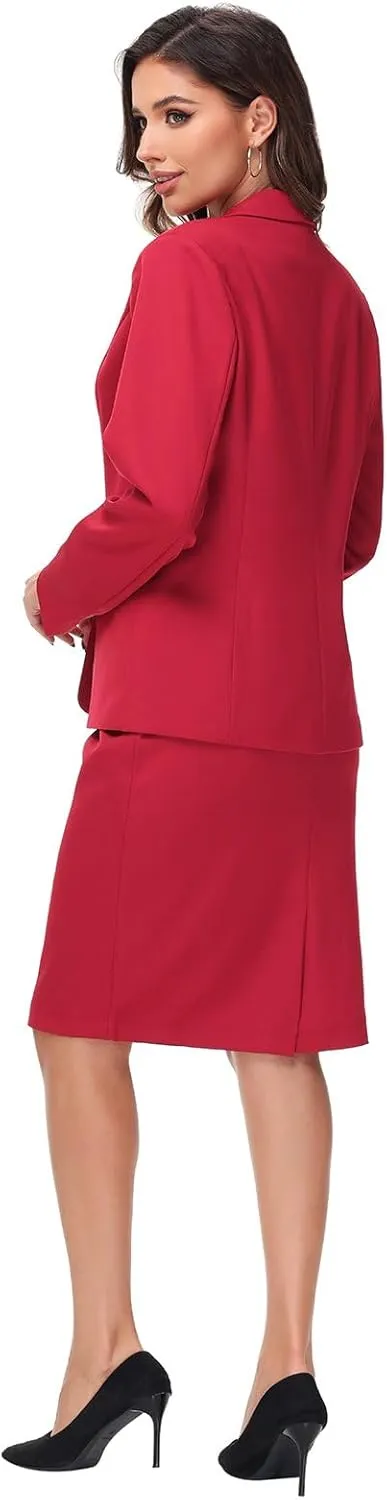 Lamgool Women's Business Skirt Suit Set 2 Piece Office Outfits Notched Lapel Blazer and Pencil Skirt