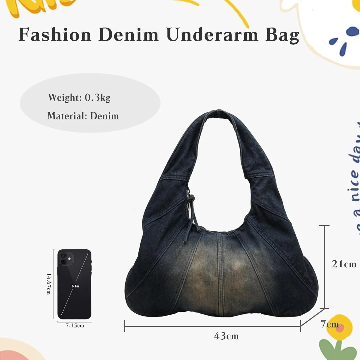 Large Capacity Shoulder Casual Tote Retro Top Handle Jean Purse Hobo Ladies Classic Underarm Women Handbag