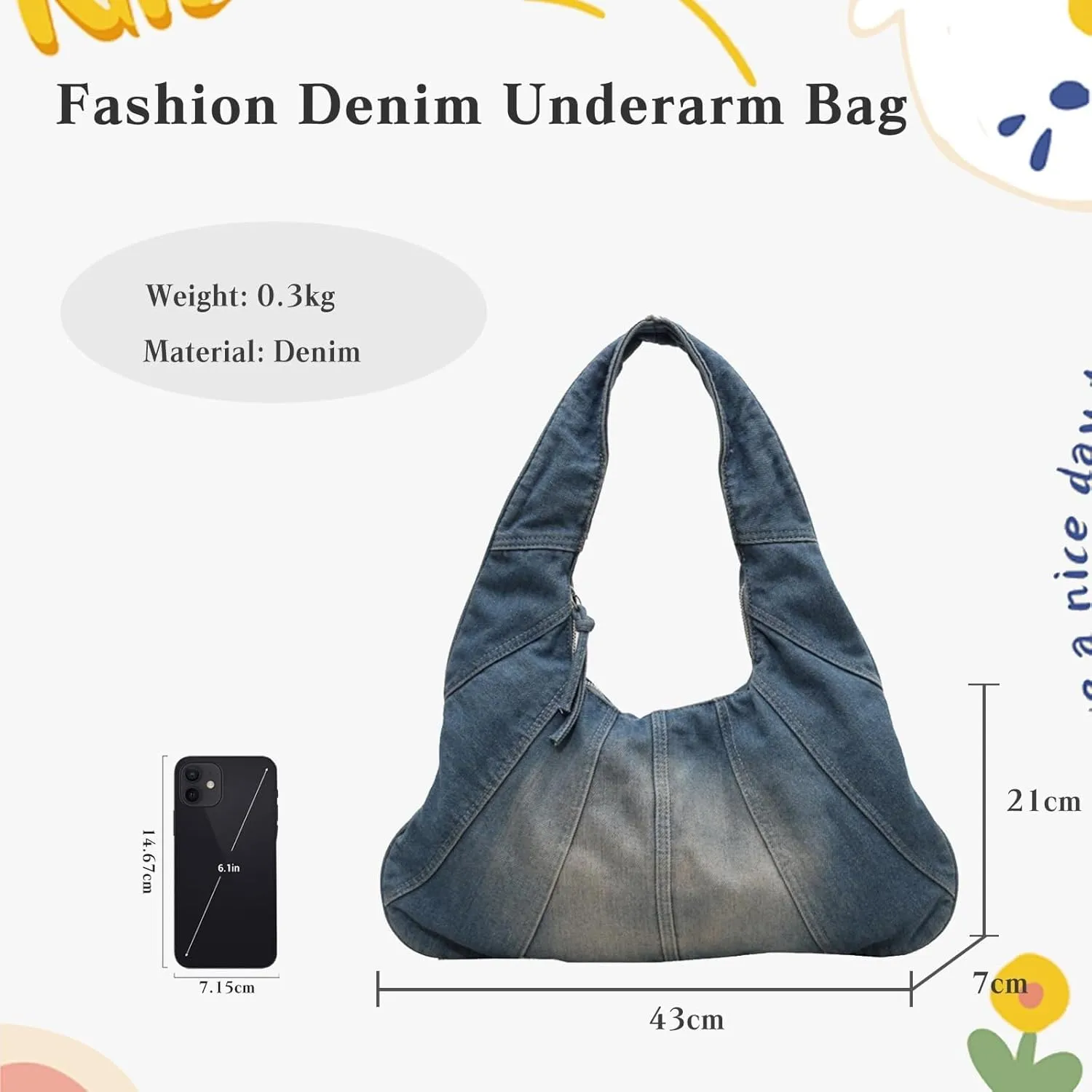 Large Capacity Shoulder Casual Tote Retro Top Handle Jean Purse Hobo Ladies Classic Underarm Women Handbag