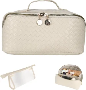Large Capacity Travel Makeup Bag Organizer Makeup Bag Set  Includes Transparent Pouch & Dust Bag PU Leather Cosmetic Bag Toiletry Bag for Women With Dividers, Handle Portable Design (Beige)