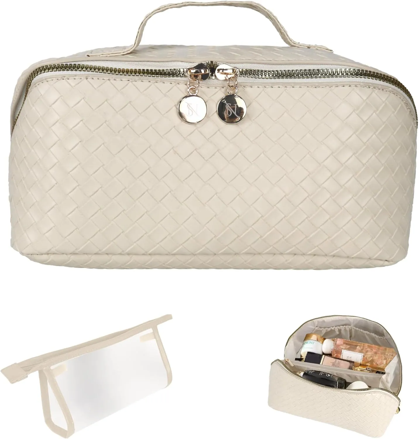 Large Capacity Travel Makeup Bag Organizer Makeup Bag Set  Includes Transparent Pouch & Dust Bag PU Leather Cosmetic Bag Toiletry Bag for Women With Dividers, Handle Portable Design (Beige)
