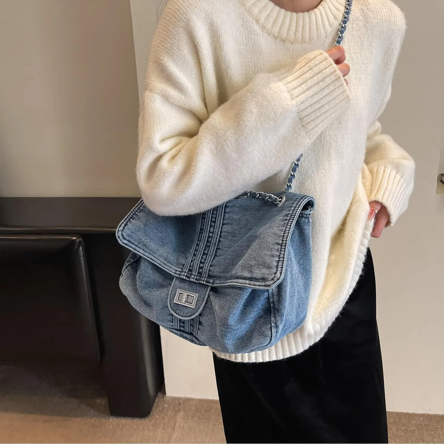 Large Denim Purses for Women Denim Tote Bag Casual Retro Crossbody Lightweight Shoulder Bag Canvas Handbags