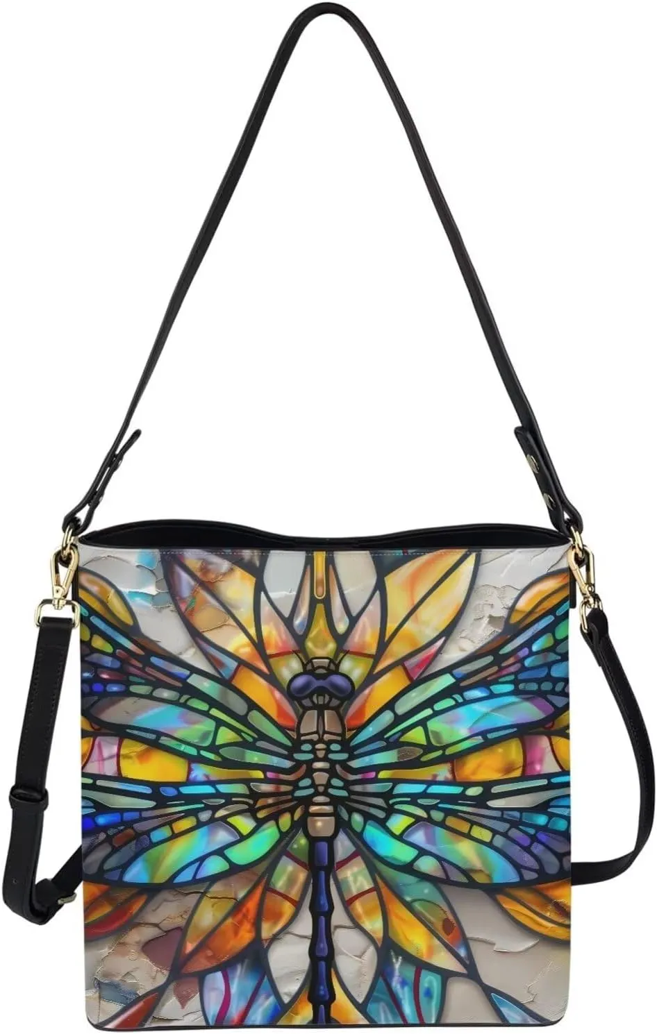 Leather Bucket Bags for Women Boho Mosaic Folk Art Hobo Bags Shoulder Tote Purse Handbags with Adjustable Strap