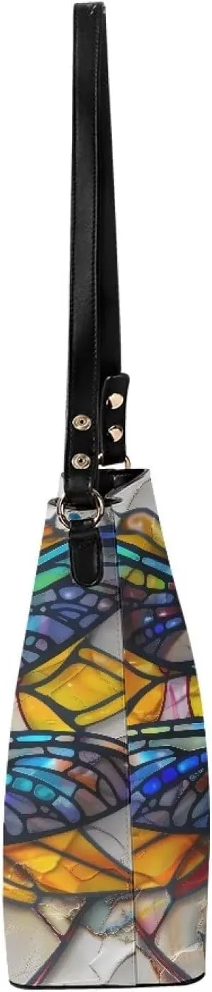 Leather Bucket Bags for Women Boho Mosaic Folk Art Hobo Bags Shoulder Tote Purse Handbags with Adjustable Strap