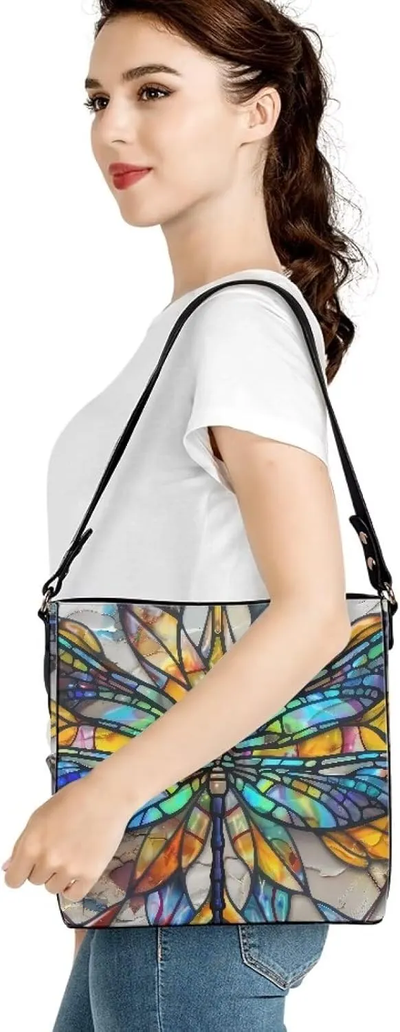 Leather Bucket Bags for Women Boho Mosaic Folk Art Hobo Bags Shoulder Tote Purse Handbags with Adjustable Strap