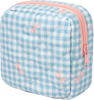 LETGO Cotton Quilted Makeup Bag, Cute Pouch Toiletry Bag Checkered Cosmetic Bag Quilted Floral Organizer Travel Coquette Aesthetic Portable Storage Zipper Purse for Women (Blue Checkered)