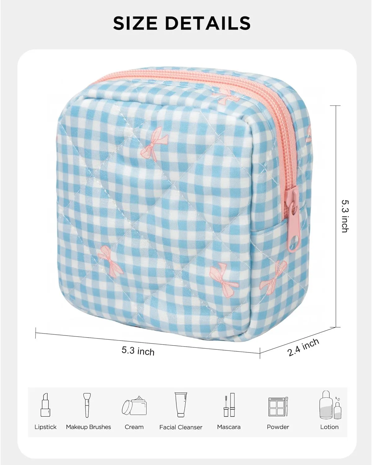 LETGO Cotton Quilted Makeup Bag, Cute Pouch Toiletry Bag Checkered Cosmetic Bag Quilted Floral Organizer Travel Coquette Aesthetic Portable Storage Zipper Purse for Women (Blue Checkered)