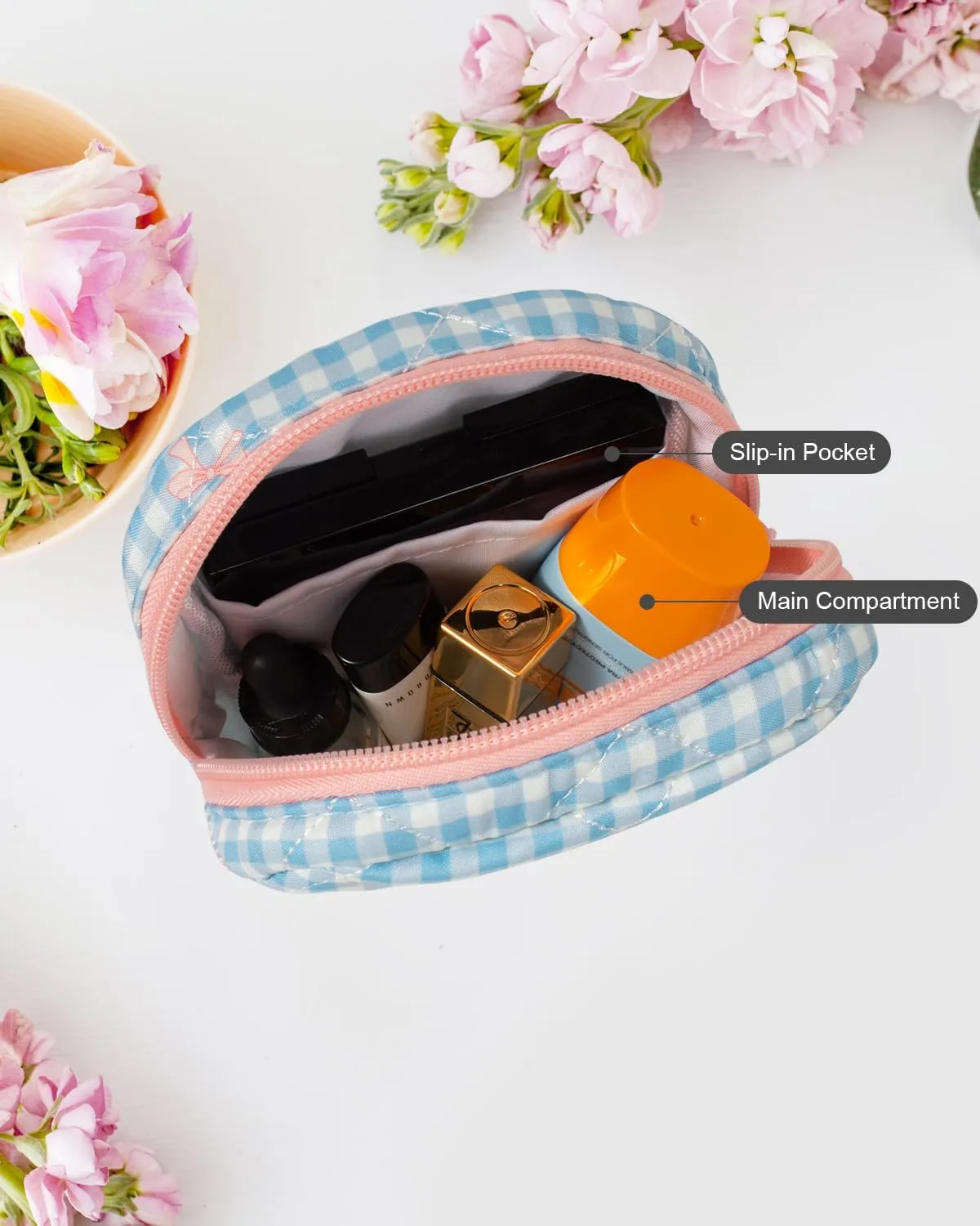 LETGO Cotton Quilted Makeup Bag, Cute Pouch Toiletry Bag Checkered Cosmetic Bag Quilted Floral Organizer Travel Coquette Aesthetic Portable Storage Zipper Purse for Women (Blue Checkered)