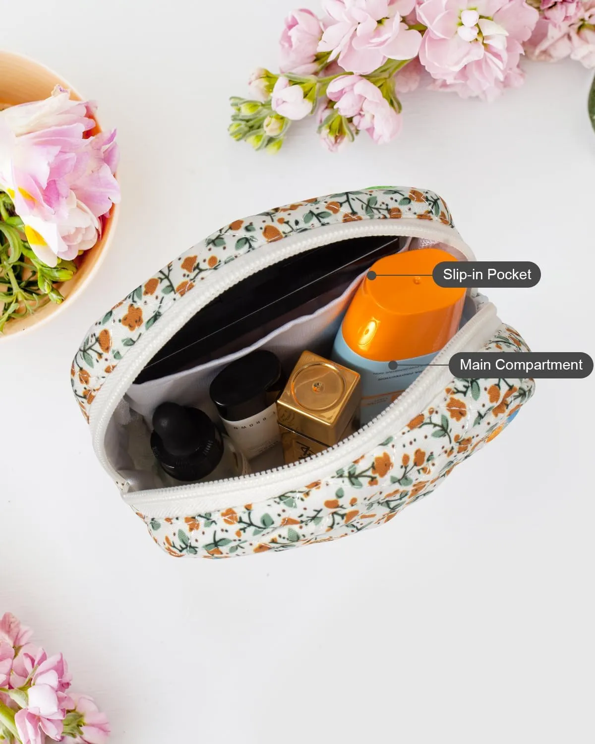LETGO Floral Makeup Bag, Small Cosmetic Bag for Women Girls, Cute Cotton Makeup Bag, Quilted Makeup Bags, Flower Travel Make up Bag for Purse (Brown Floral)