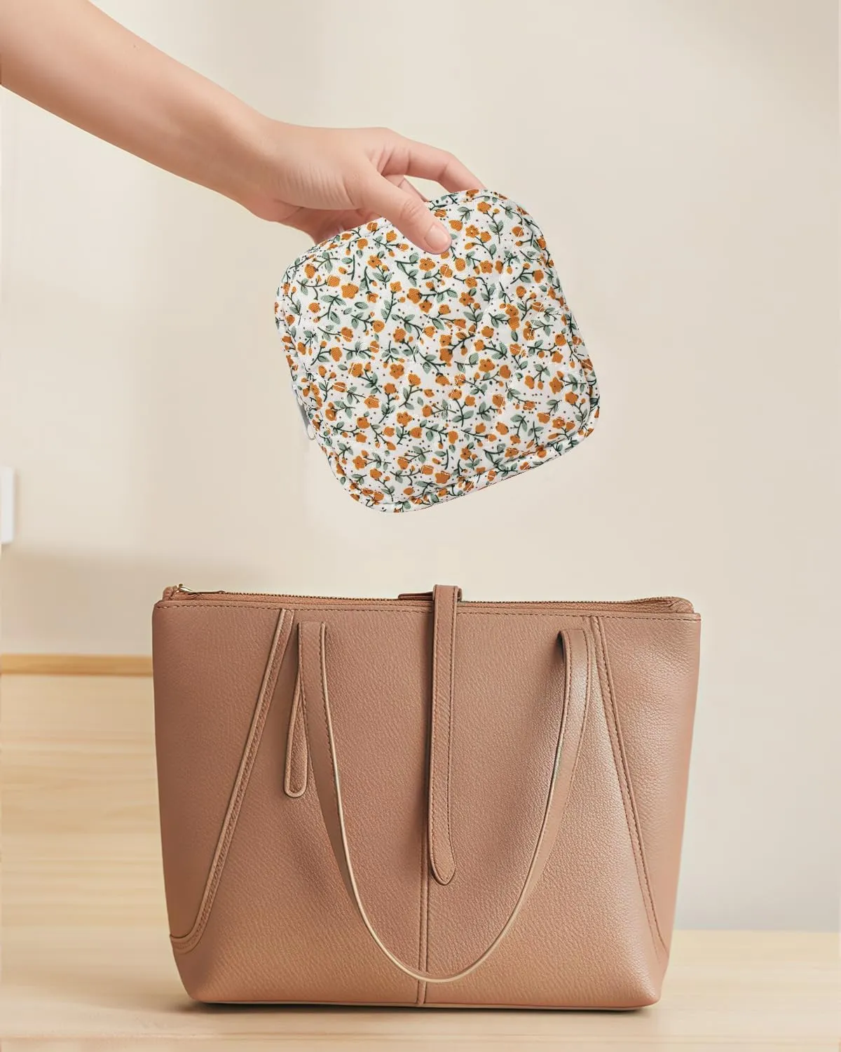 LETGO Floral Makeup Bag, Small Cosmetic Bag for Women Girls, Cute Cotton Makeup Bag, Quilted Makeup Bags, Flower Travel Make up Bag for Purse (Brown Floral)