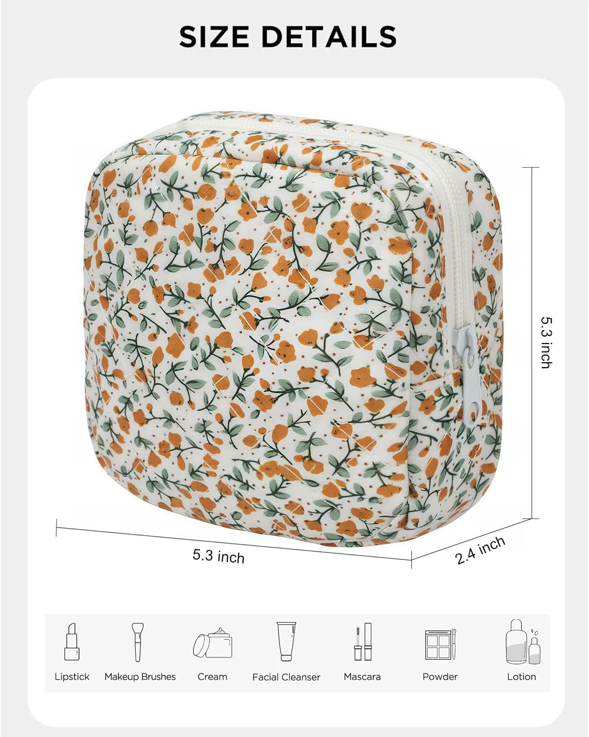 LETGO Floral Makeup Bag, Small Cosmetic Bag for Women Girls, Cute Cotton Makeup Bag, Quilted Makeup Bags, Flower Travel Make up Bag for Purse (Brown Floral)