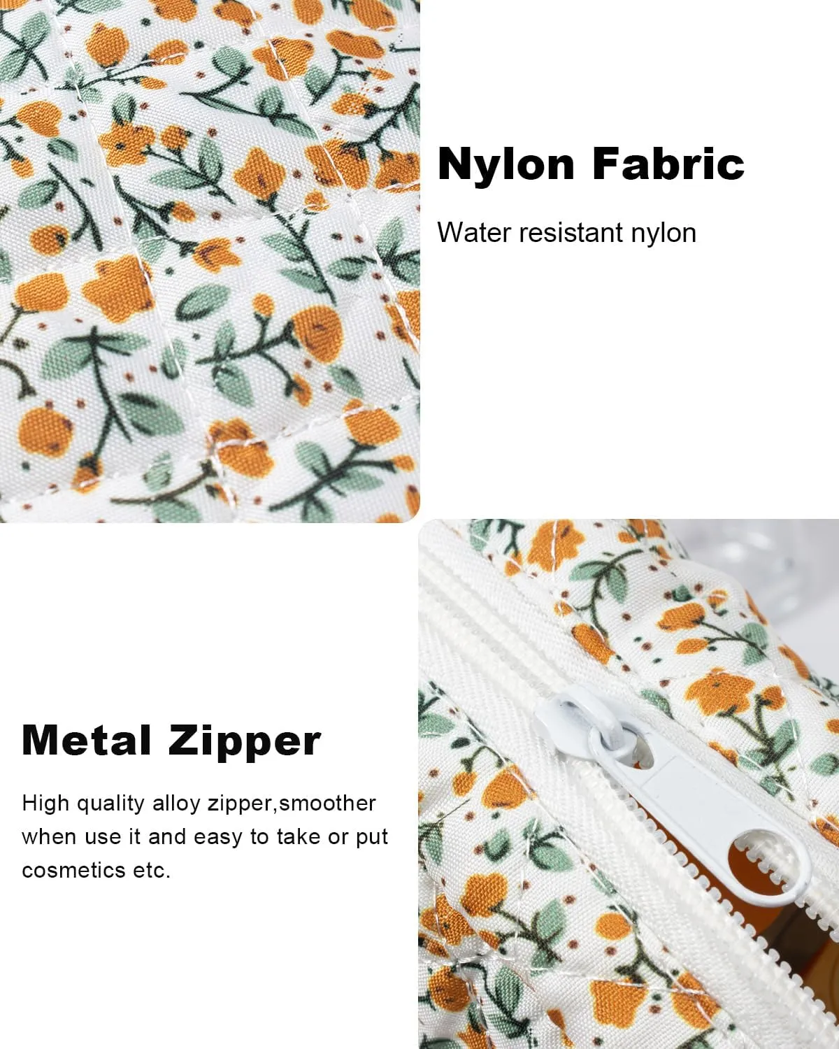LETGO Floral Makeup Bag, Small Cosmetic Bag for Women Girls, Cute Cotton Makeup Bag, Quilted Makeup Bags, Flower Travel Make up Bag for Purse (Brown Floral)