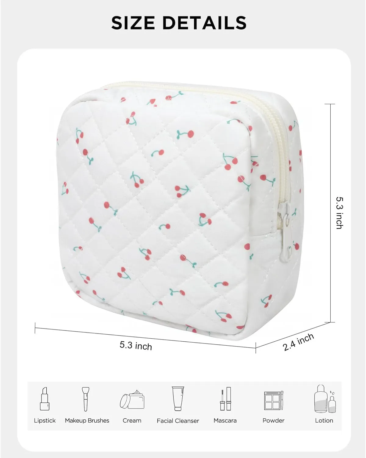 LETGO Floral Makeup Bag, Small Cosmetic Bag for Women Girls, Cute Cotton Makeup Bag, Quilted Makeup Bags, Flower Travel Make up Bag for Purse (Cherry)