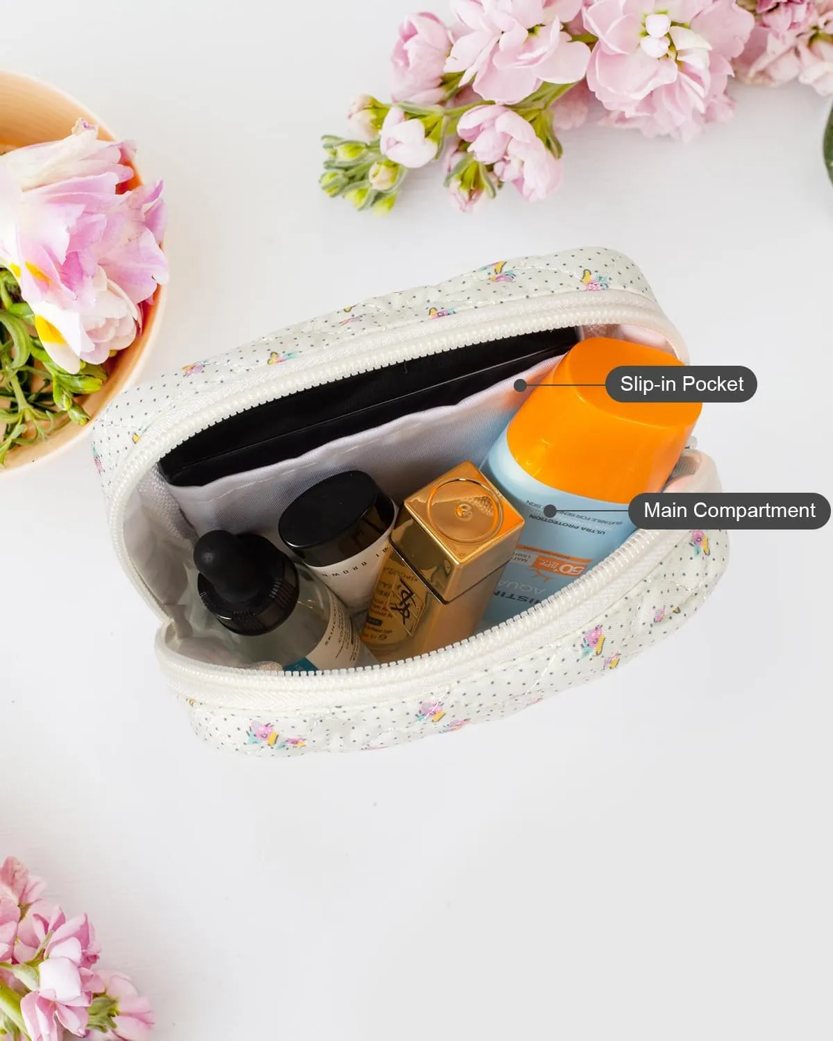 LETGO Floral Makeup Bag, Small Cosmetic Bag for Women Girls, Cute Cotton Makeup Bag, Quilted Makeup Bags, Flower Travel Make up Bag for Purse (Cherry)