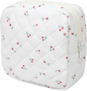 LETGO Floral Makeup Bag, Small Cosmetic Bag for Women Girls, Cute Cotton Makeup Bag, Quilted Makeup Bags, Flower Travel Make up Bag for Purse (Cherry)