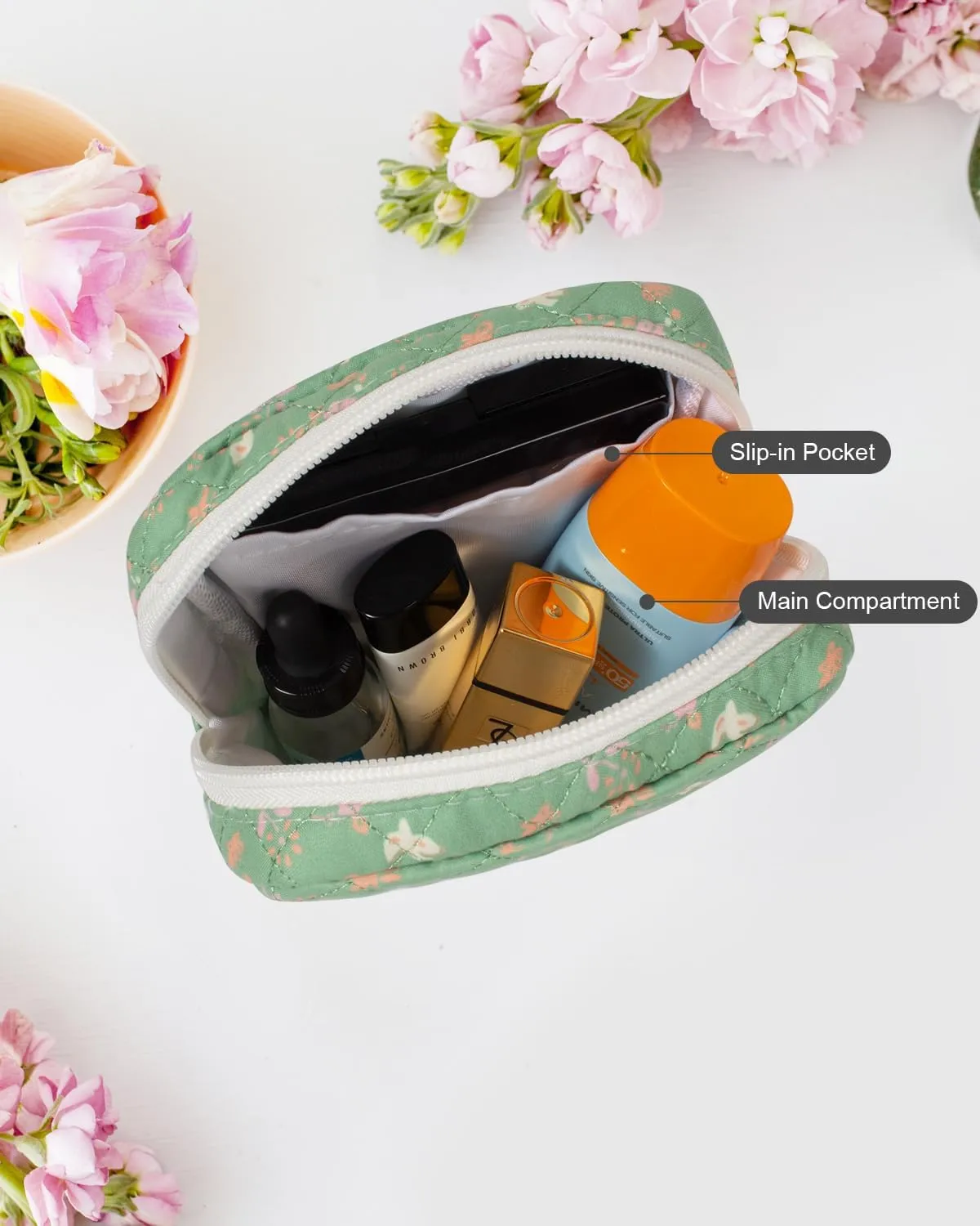 LETGO Floral Makeup Bag, Small Cosmetic Bag for Women Girls, Cute Cotton Makeup Bag, Quilted Makeup Bags, Flower Travel Make up Bag for Purse (Green Floral)